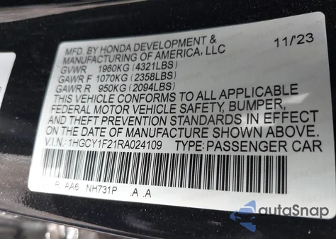 2024 Honda Accord Lx from USA, damaged, VIN 1HGCY1F21RA024109